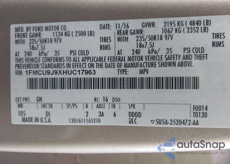 2017 Ford Escape Titanium из США, поврежденный, VIN 1FMCU9J9XHUC17963